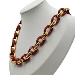 Chunky Chain Necklace Gold Tone Burgundy Red Enamel Link Bold Statement Vtg 80s